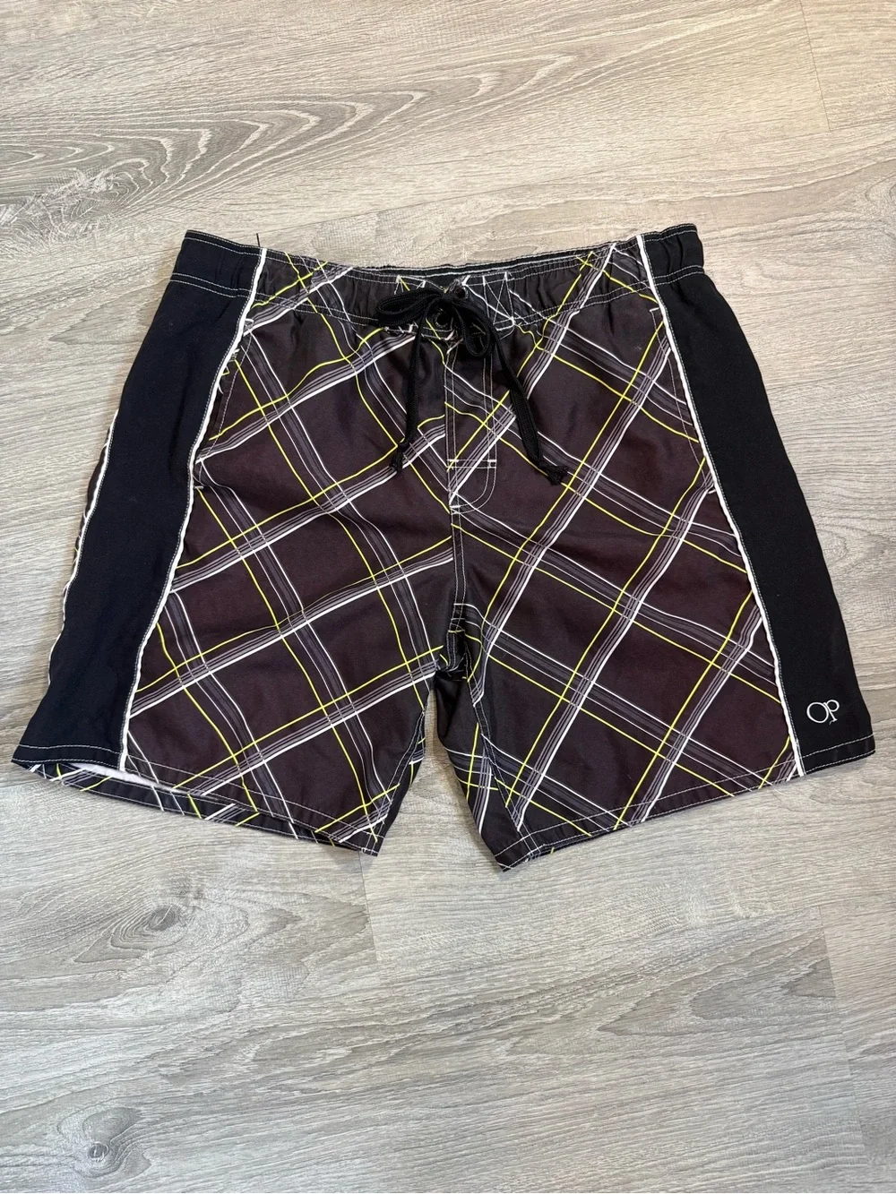 Vintage 90s OP Men's Black Swim Board Shorts with Yellow and White Plaid